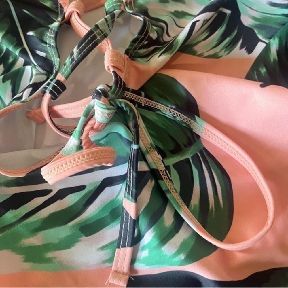 Waikiki Hawaii Orange & Green Palm Leaf‎ One Piece Swimsuit Lace Up Back NWT - Picture 6 of 12